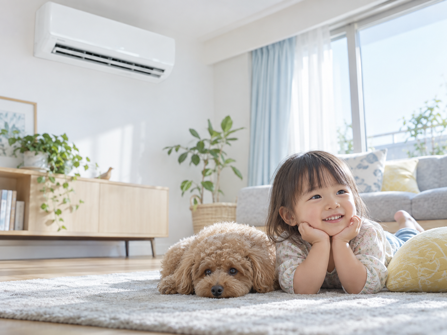 清潔な空気の部屋でくつろぐ子どもと犬