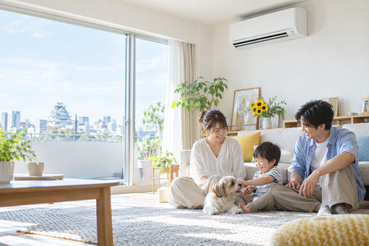清潔なエアコンのある明るいリビングでくつろぐ家族