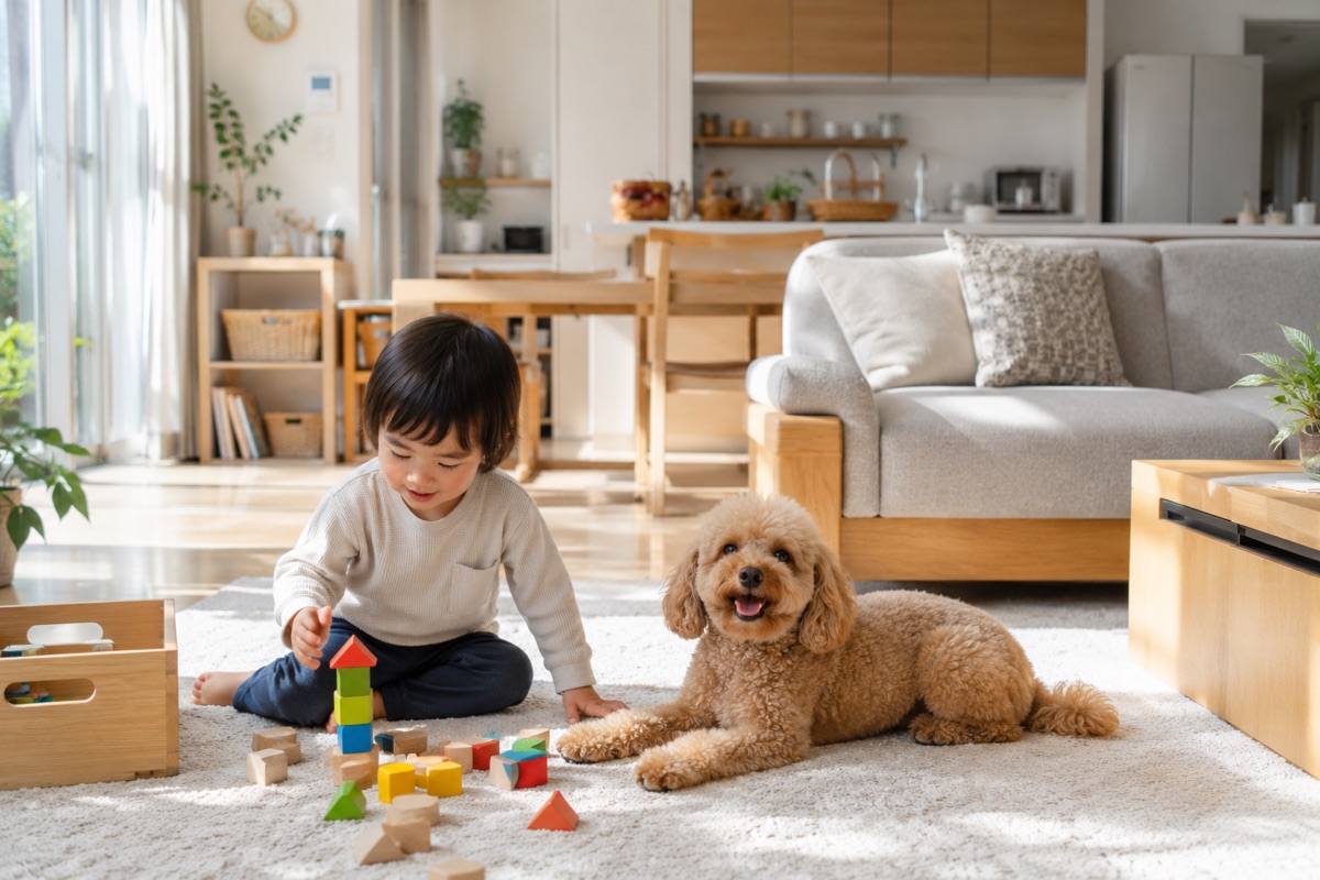 明るいリビングで過ごす子どもとペット