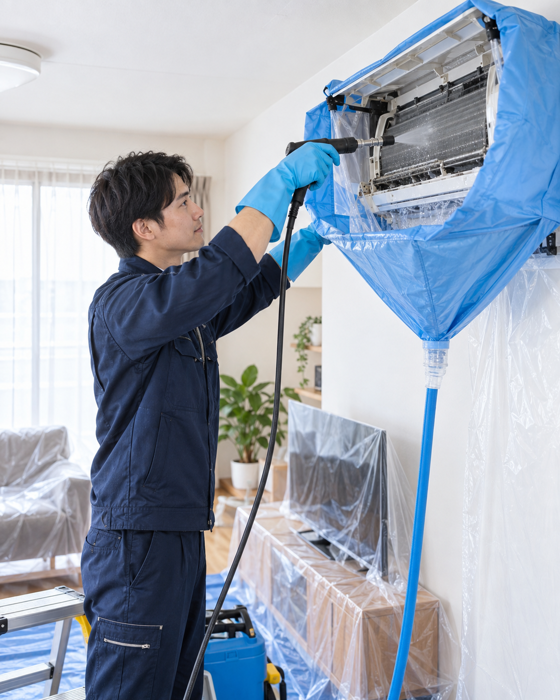 エアコン内部を高圧洗浄するスタッフ